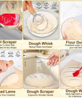 Baking tools from Ultimate Sourdough Starter Kit with scraper, whisk, and lame for artisan bread making, six-step guide shown.