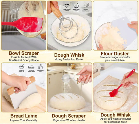 Baking tools from Ultimate Sourdough Starter Kit with scraper, whisk, and lame for artisan bread making, six-step guide shown.