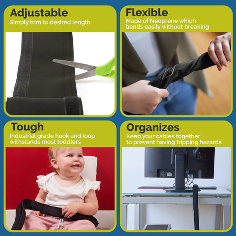 Baby Proof Cable Covers For Wires And Cables, Flexible Cut-To-Fit Neoprene Sleeves organizing cords in various home settings