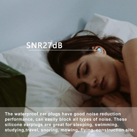 Woman sleeping with 14 Pairs Silicone Ear Plugs For Sleeping And Travel, Reusable Noise Reduction 27dB, Blue