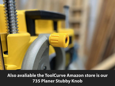 Front view of 735 Planer Stubby Knob on yellow planer machine, highlighting quick friction fit secure connection.