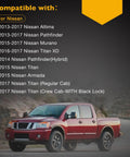 Compatible Nissan models for interior door handle replacement shown with red Nissan Titan truck.