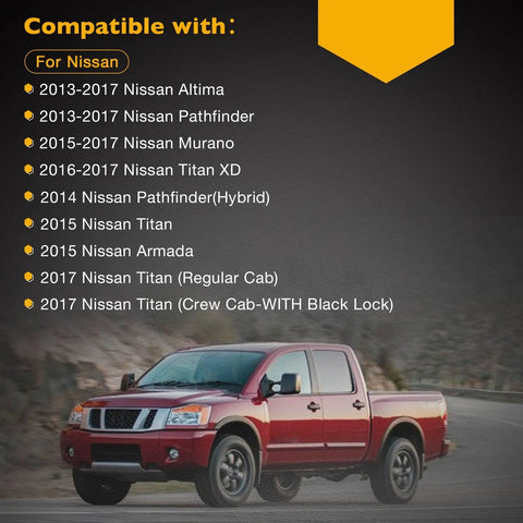 Compatible Nissan models for interior door handle replacement shown with red Nissan Titan truck.