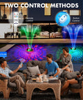 Remote Control Floating Pool Fountain With Lights Anchor Included Big 4.3 Ft Spray Height in evening pool setting with people