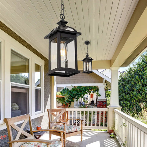 Weatherproof Outdoor Pendant Lantern In Black With Seeded Glass, Durable Aluminum Construction For Porch, Patio Or Entryway