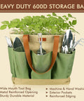 Heavy Duty Garden Tools Set Of 10 With Stainless Steel Tools And Wooden Handles in a tote bag with plants