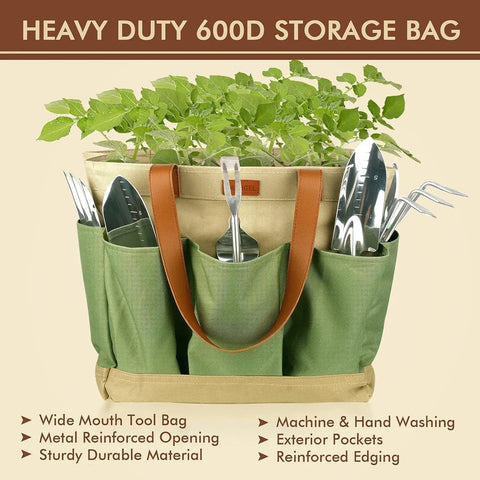 Heavy Duty Garden Tools Set Of 10 With Stainless Steel Tools And Wooden Handles in a tote bag with plants