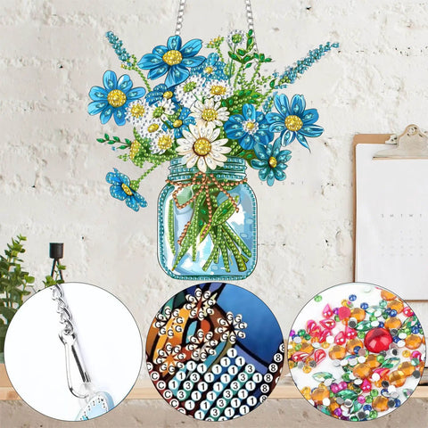 Bouquet Vase Sun Catcher Window Hanging DIY Double Sided Flowers Diamond Painting Pendant Kit With Acrylic Diamonds Art Ornament