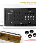 Stealth Matte Black License Plate Frame With 3D Raised Letters, UV Resistant Powder Coat Steel in gift packaging.