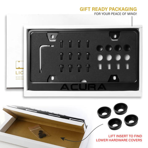 Stealth Matte Black License Plate Frame With 3D Raised Letters, UV Resistant Powder Coat Steel in gift packaging.