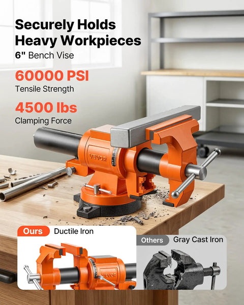Heavy Duty Bench Vise In Beast Mode With 6 Inch Jaw Width, features ductile iron design, clamps heavy workpieces securely.