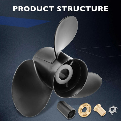 14.5 X 19 Pitch Aluminum Outboard Propeller With Flo Torq Hub Kit Included, features and components laid out