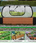 Pop Up Garden Mesh Cover For Raised Beds 45 By 18 By 20 Inches Plant Protector Cage in a garden with raised bed and flowers
