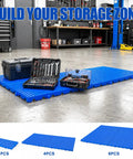 Lightweight Nestable Plastic Pallet Grid Pad for Floor Storage, blue vented, in garage with tools, 11.8x23.6 inches, four pack