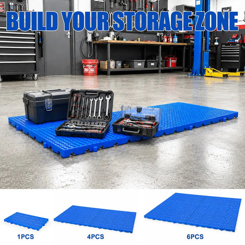 Lightweight Nestable Plastic Pallet Grid Pad for Floor Storage, blue vented, in garage with tools, 11.8x23.6 inches, four pack