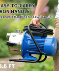 Plug And Play 1.6HP Portable Shallow Well Pump With A Heavy Duty Stainless Build shown being carried with an iron handle.