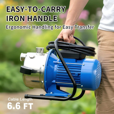Smooth Operator 1.6Hp Shallow Well Jet Pump Featuring Rugged Stainless Steel Build showing easy-to-carry handle and cable.