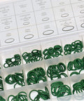AC Repair Kit With O Ring Set And Valve Cores For Cars Removal Tool R12 And R134a Compatible Includes 270 Piece O Ring Assortment And 40 Piece Valve Core Kit Also Works With Tire Valve Stems. Green O-rings in labeled plastic organizer box