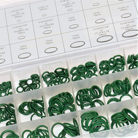 AC Repair Kit With O Ring Set And Valve Cores For Cars Removal Tool R12 And R134a Compatible Includes 270 Piece O Ring Assortment And 40 Piece Valve Core Kit Also Works With Tire Valve Stems. Green O-rings in labeled plastic organizer box