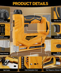 Compact 3 In 1 Cordless Staple Gun And 18 Gauge Brad Nailer Kit detailed view showing adjustment knobs and on/off switch.