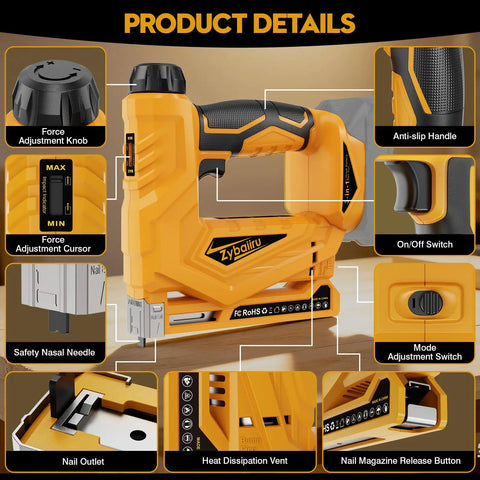 Compact 3 In 1 Cordless Staple Gun And 18 Gauge Brad Nailer Kit detailed view showing adjustment knobs and on/off switch.