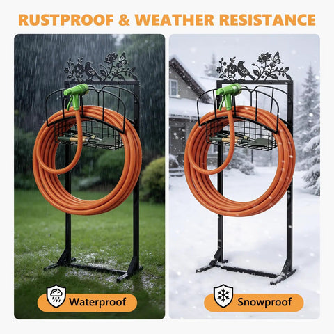 Adjustable Hose Holder With Metal Decor Signs Freestanding Water Hose Reel Stand Holds Up To 150 Ft Of Hose Storage Basket Rack