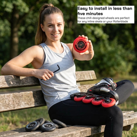 Person sitting on a bench holding Inline Skate Wheels 76mm 85A With ABEC-9 Bearings And Spacers, 8 Pack, Red