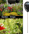 Two Pack Soil Moisture Meters For Houseplants Garden Lawn Indoor And Outdoor Use No Battery Required Plant Water Meter Kit Black and Green With Dual Probes Easy To Read shown beside garden and crop images