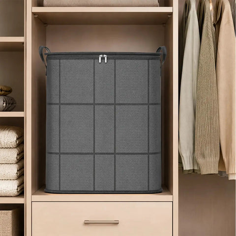 Massive Zippered Fabric Storage Bags Straight Up Heavy Duty And Foldable For Zero Fuss Home Organization No Sweat Closet Organizer on a shelf.
