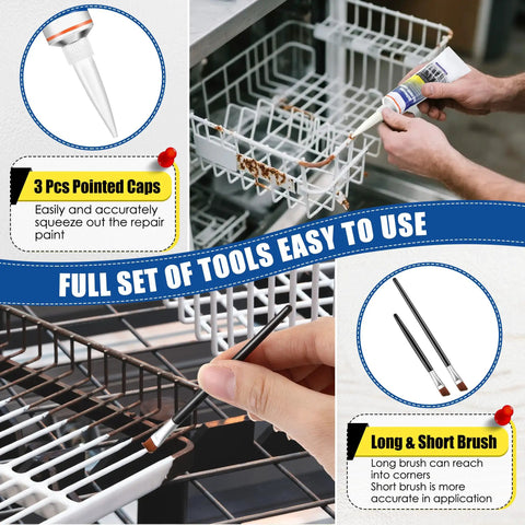 Dishwasher Rack Repair Coating Kit 1.7 Oz White Vinyl Rack Rust Touch Up Paint With Scraper And Brushes shown in use on rack