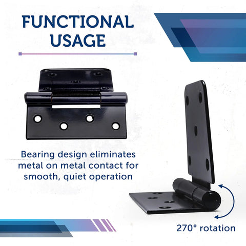 Heavy Duty Gate Hinges 8 Pack Black Iron Tee Strap Self Closing With 72 Stainless Steel Screws shown in open position