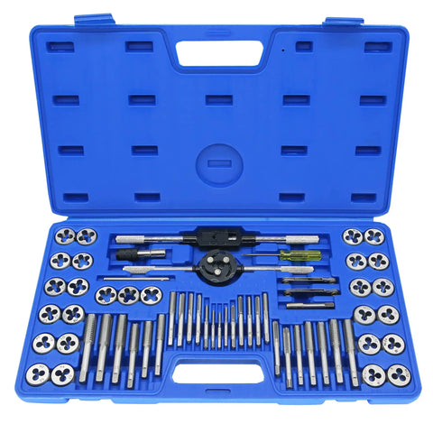 Pro Grade Gearhead 60 Piece Tap And Die Set For Threading And Rethreading M3 To M12 With Case And Full Accessories displayed in blue case