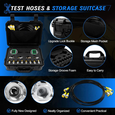 Sinocmp Digital Pressure Gauge Kit With 12000 Psi Hydraulic Test Set showing test hoses and a storage suitcase with organized components.