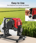 1 Inch Gas Powered Trash Pump With Filter And Funnel shown on farmland background, emphasizing easy manual startup