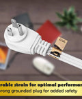Close-up of flat head plug on 25 Foot 3 Outlet Extension Cord 16 AWG Indoor Outdoor White Flat Head Plug UL Listed Heavy Duty