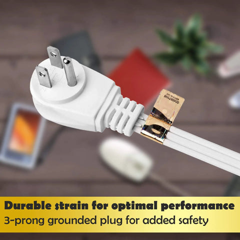 Close-up of flat head plug on 25 Foot 3 Outlet Extension Cord 16 AWG Indoor Outdoor White Flat Head Plug UL Listed Heavy Duty