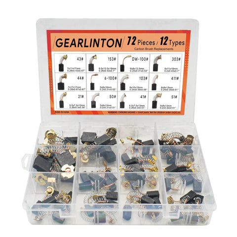 Electric Motor Carbon Brush Set For Power Tools Maintenance And Repair 72 Piece Pack In 12 Sizes For Angle Grinders Case Open