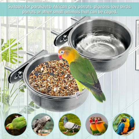 PINVNBY stainless steel bird bowls with clamp holders mounted on cage; 2-piece parrot feeder set.