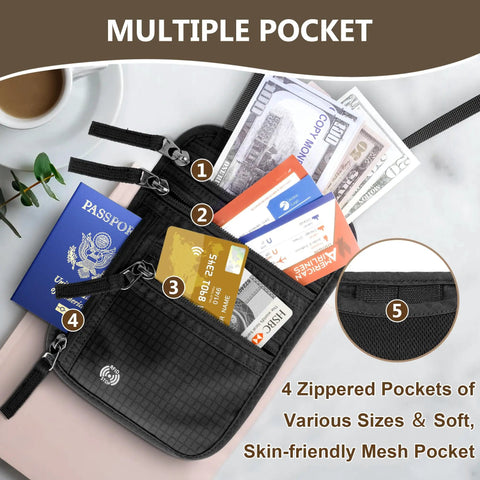 Hands Free Travel Neck Wallet With RFID Blocking Passport Holder showcasing multiple zippered pockets and contents.