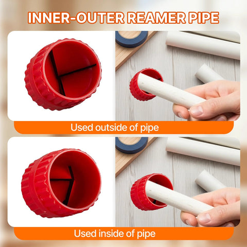 Pipe Deburring Tool Kit, red plastic inner/outer reamer for 1/4''–1'' tubing; shown in front and side views.