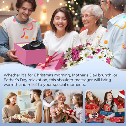 Family enjoying a gift of a cordless knee massager with heat and battery pack during a festive celebration.