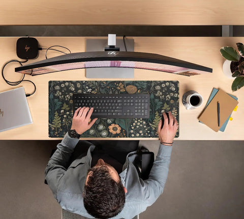 Floral Desk Mat With Wildflower Vibe For Gaming And Work, Large 31.5 By 15.75 Inch Desk Pad in a work setup with keyboard and monitor