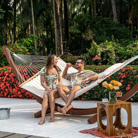 Two Person Double Quilted Fabric Hammock With Spreader Bar And Detachable Pillow For Outdoor Patio Backyard Poolside 450 Lb Weight Capacity 78 By 55 Inch Bed Ultra Comfy Natural featured outdoors with couple relaxing