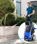 Man using Six Pack Three Quarter Inch Garden Hose To Pressure Washer Adapter With Quick Connect for outdoor cleaning