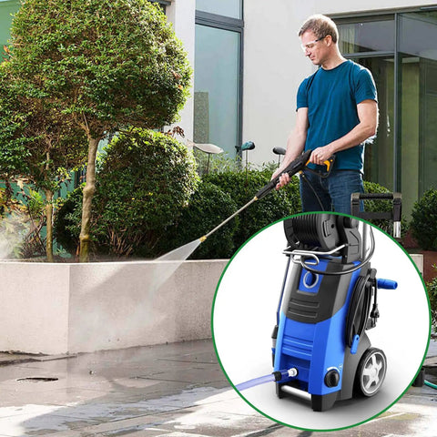 Man using Six Pack Three Quarter Inch Garden Hose To Pressure Washer Adapter With Quick Connect for outdoor cleaning