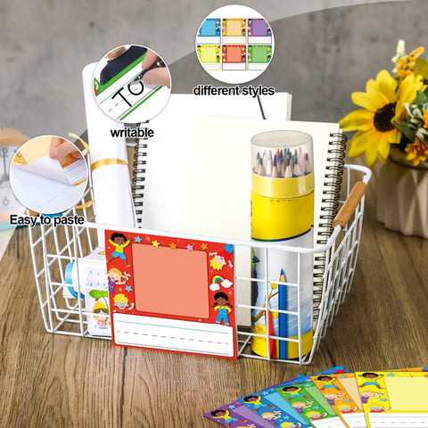 36 Piece Kids Photo Nameplates For Desks With Photo Space Up To 2.4 By 2.75 Inches Self Adhesive Labels in a wire basket