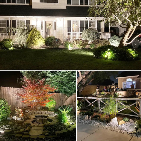 Low Voltage Landscape Lights 12W LED Outdoor Path Garden Lighting Kit Ultra Bright 900 Lumens Waterproof Weatherproof 3000K illuminating a yard