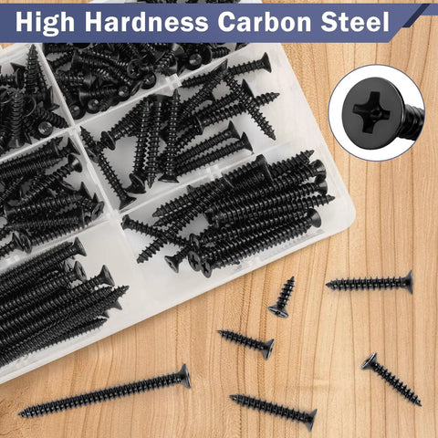 Premium Black Wood Screws Assortment Kit 250 Piece Heavy Duty Carbon Steel Fasteners arranged in a container on wood surface.
