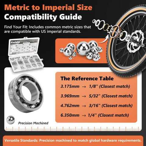 650 Piece 304 Stainless Steel Bearing Balls Set 1mm To 8mm Assortment Kit with metric-to-imperial size guide