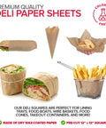 Grease Proof Deli Wrappers 12 X 12 Inch, 500 Pack, Go To Pre Cut Natural Kraft Wax Paper Sheets used with sandwiches and fries.